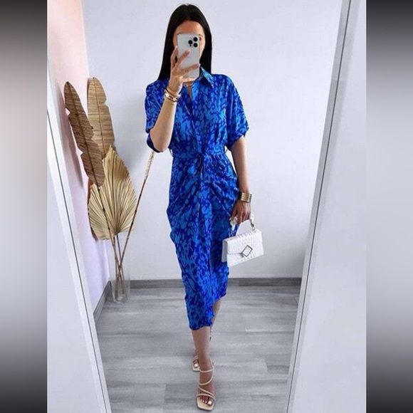 Spotted All Over Print Button Through Tie Belt Ruched Maxi Shirt Dress Blue - Picture 9 of 9